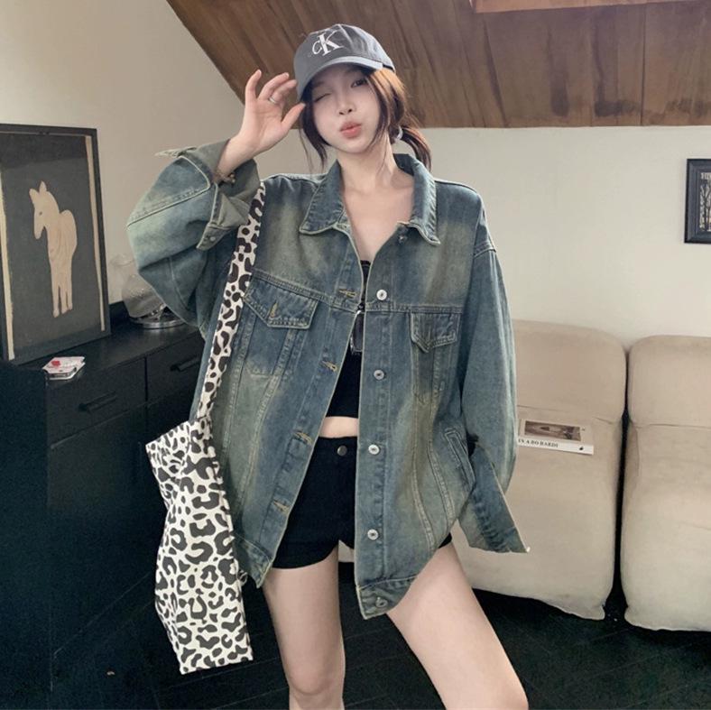 

Women s 2025 Distressed Denim Jacket - American Retro Style for Spring & Autumn Large