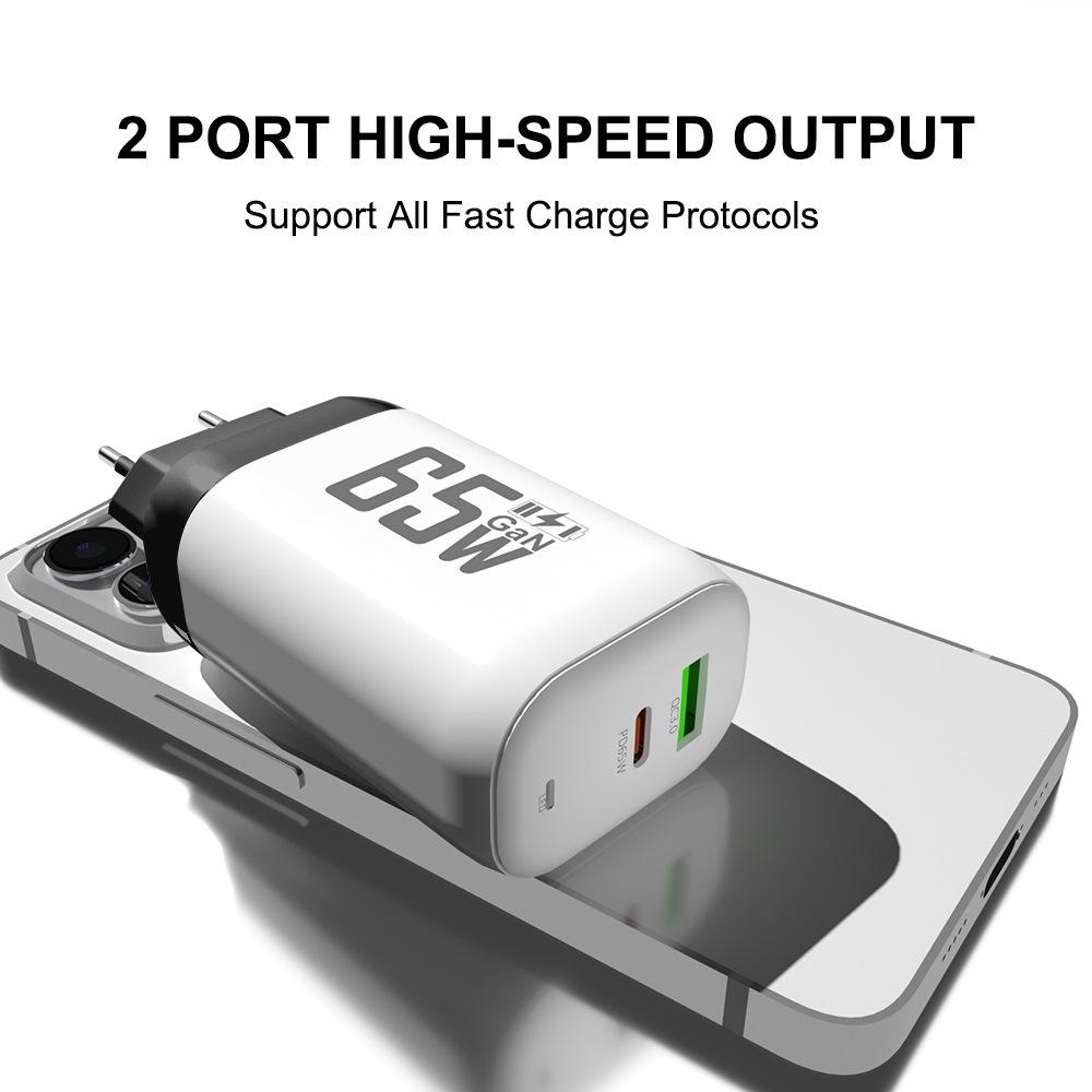 65W GaN QC 3.0 PD Fast Charger, USB, EU/US Spec, 9V/12V Compatible for Laptop