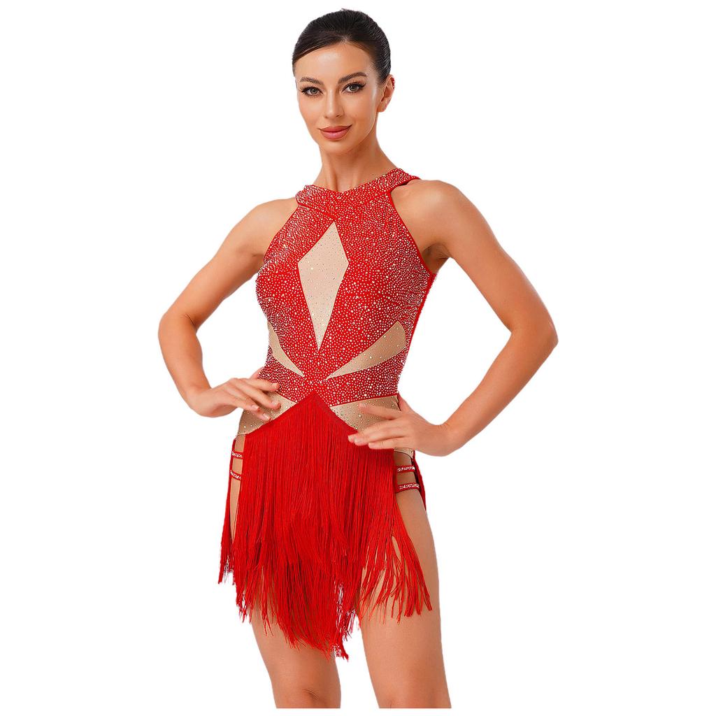 Womens Latin Tango Dance Leotard Allover Rhinestones Backless Tiered Tassel Contrast Color Bodysuit Performance Jumpsuit