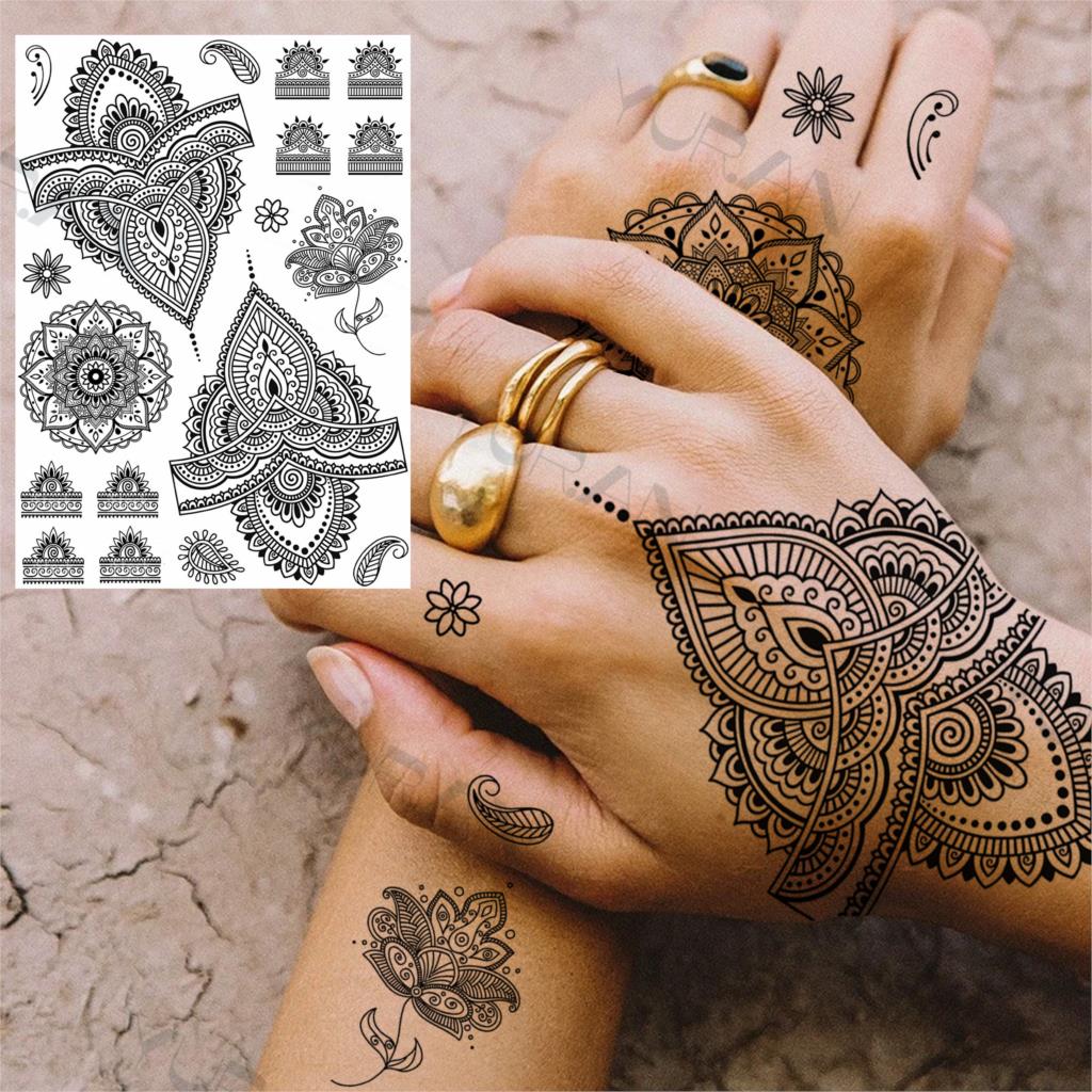 YURAN Women Girl Big Arm Owl Fake Tattoo Temporary Henna India Tatoo Stickers Custom Mandala Flower Black Turtle Tattoos Lace