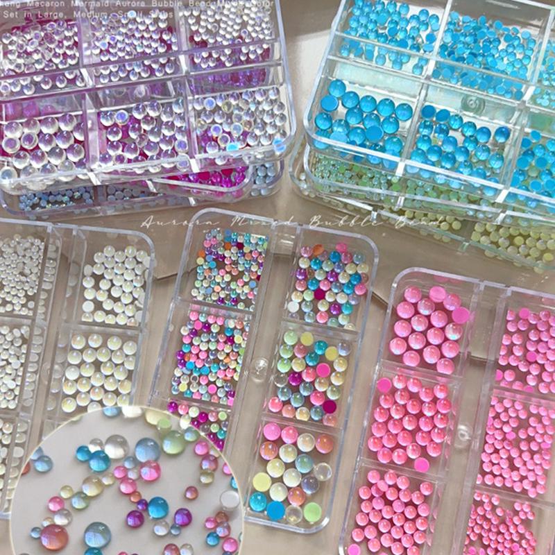 Colorful Mermaid Bubble Bead Half Round Flat Bottom Shiny Aurora Size Mixed Candy Color Nail Art Accessories Decoration Manicure