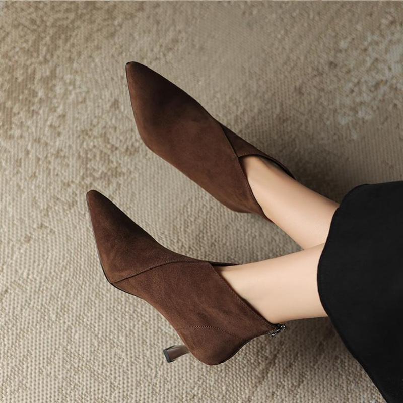 Lyxiga damstövlar vår spetsig tå stilett ankelstövlar mode svart brun dam högklack mocka sidodragkedja stövlar