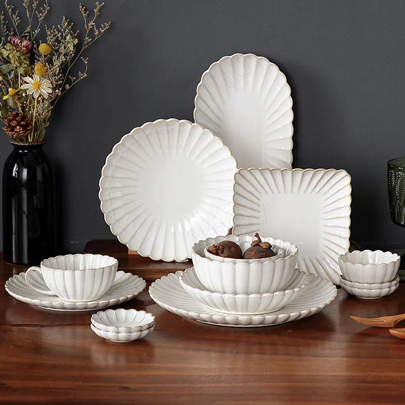 Retro Ceramic Dishes Plates Fish Dish Plates Manual Flower Relief Living Room Dinner Plate Kitchen Fruit Salad Dish Bowl
