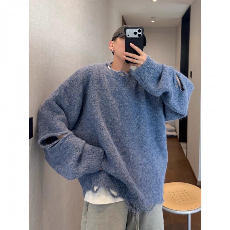 Vintage Light Blue Fuzzy Knit Sweater Mens Loose Fit Distressed Crewneck Streetwear
