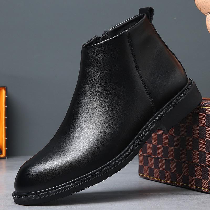 Men's British Style Genuine Leather Chelsea Boots - Autumn/Winter Mid-Cut, Plus Velvet, Warm, Trendy, High-Top, All-Match.