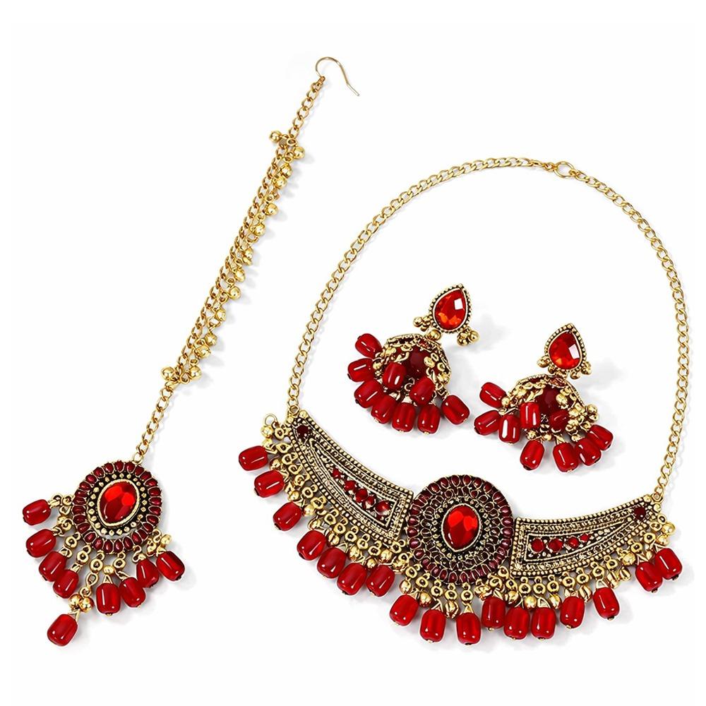 Shining Rhinestone Jewelry Set Indian Style Necklace Earrings Set  Indian Bridal красный