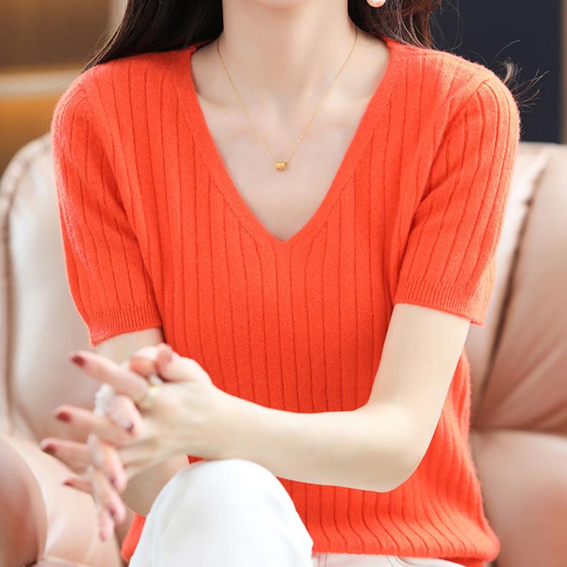 Knitted Short Sleeve Women V-Neck T Shirts Slim Fit Tops Ladies Spring Summer Camiseta Casual Pullovers Shirts