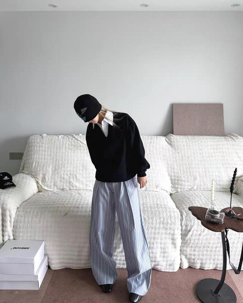 Striped V-neck Two-Piece Boxy Hoodie Top