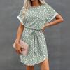 Womens Summer Short Dresses O Neck Casual Batwing-Short Sleeve Belted Dress For Women