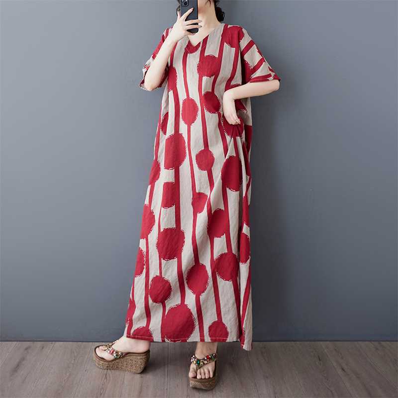 Retro Polka Dot Dünnes Baumwollleinen Weinrot Morgenmantelkleid Locker Langer Rock für Frauen