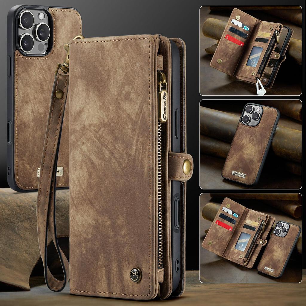 CaseMe-008 For iPhone 16 Pro Max Removable 2-in-1 Zipper Wrise Strap Multi-functional Wallet Case Card Slots Phone Cover