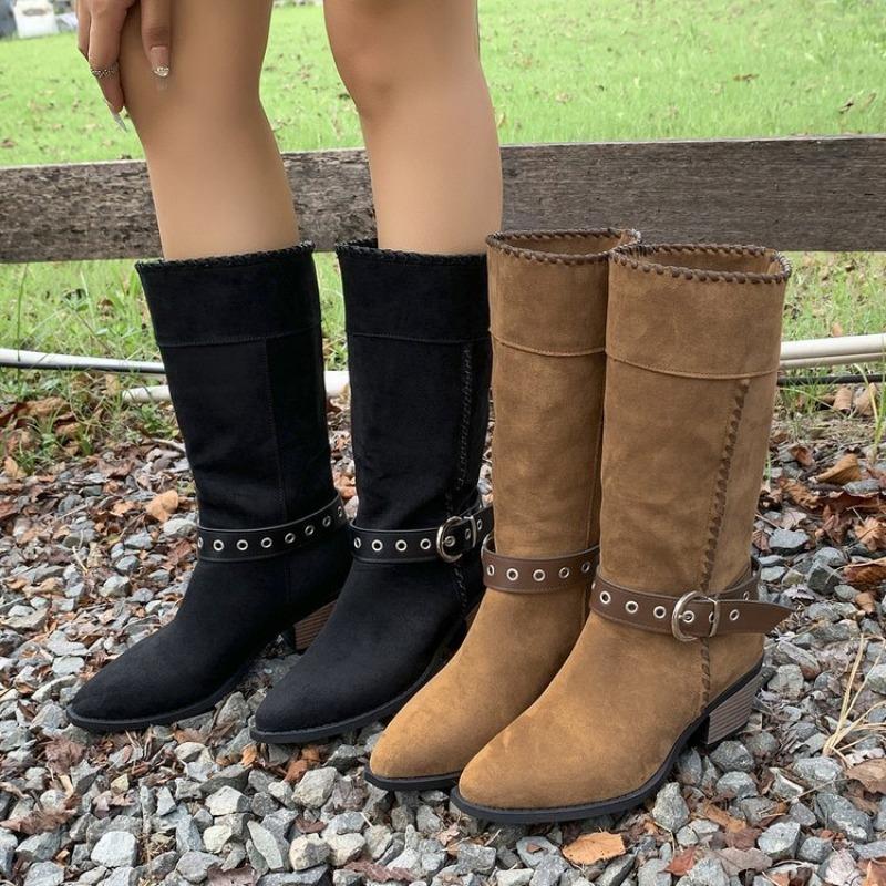 Plus-size Shoes Cowboy Boots, Retro Chunk-heeled Mid-calf Boots, Buckle Straps