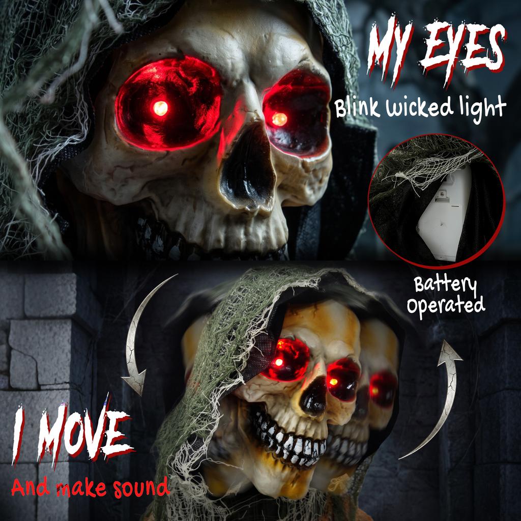 170cm Animated Grim Reaper, Life-Size Halloween Animatronic with Moving Hands/Head, Glowing Eyes, Creepy Sound