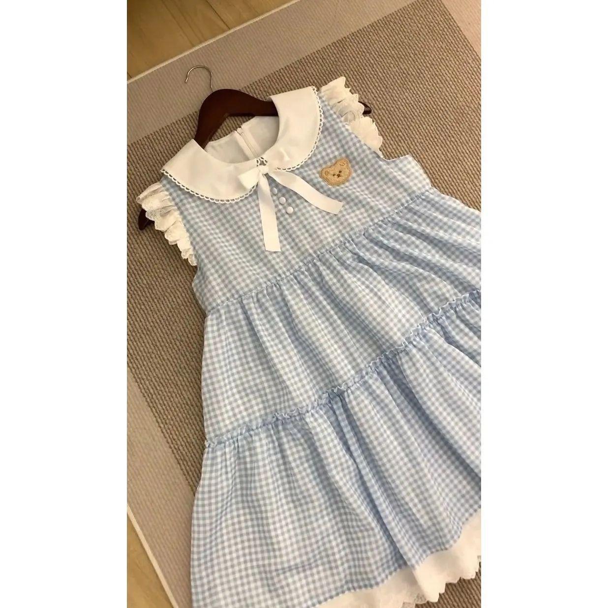 Petite Bear Embroidered A-Line Sleeveless Summer Dress with Doll Collar, Forest Style XL синего клетчатого платья