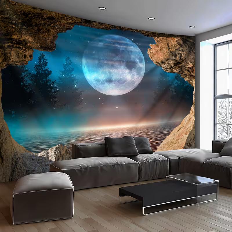 2D Moonlight Cave Lake Tapestry Full Blue Moon Nature Wall Art