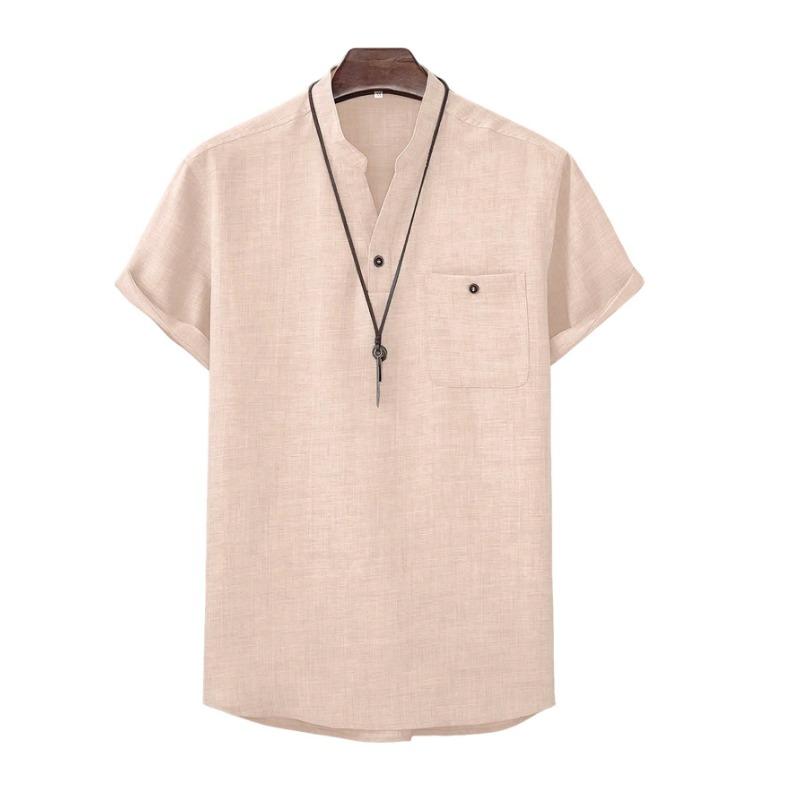Men Linen Blend Mandarin Collar Short Sleeve Henley Shirt Casual Breathable Summer Top for Men