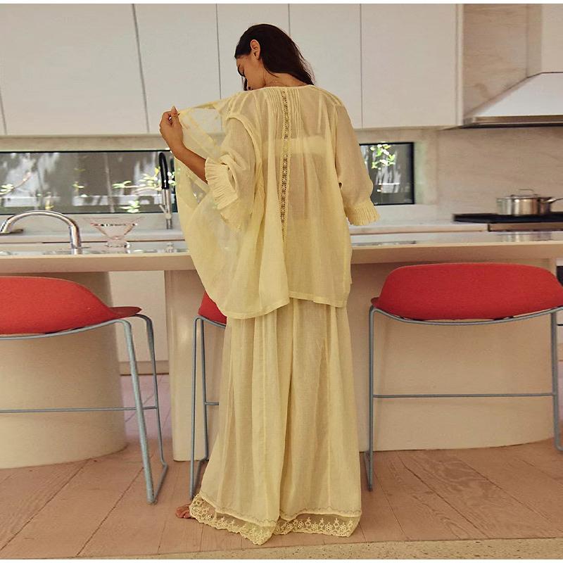 Lace Floral Top Pants Set Women Solid See Through Tops Loose High Waist Straight Leg Long Trousers 2025 New Lady Elegant Suits