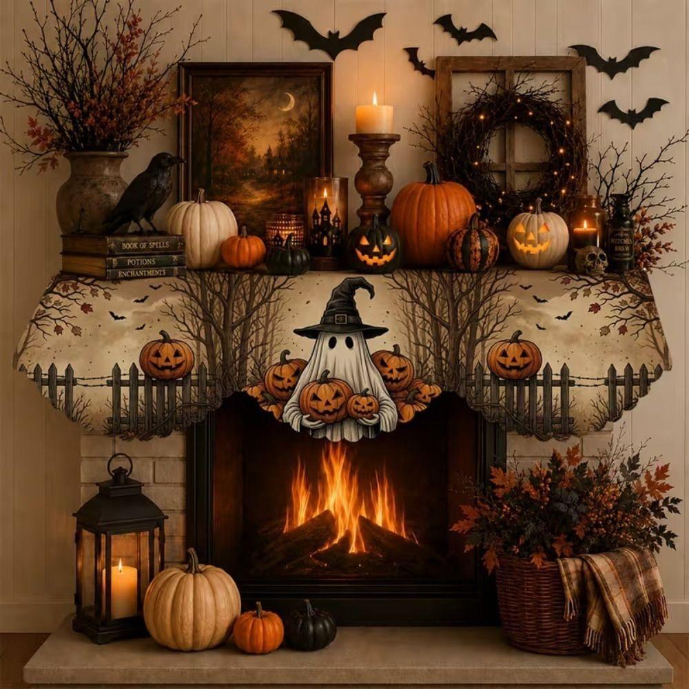 Country-Style Halloween Mantel Scarf Scalloped Edge Spooky Fireplace Topper  Home Living