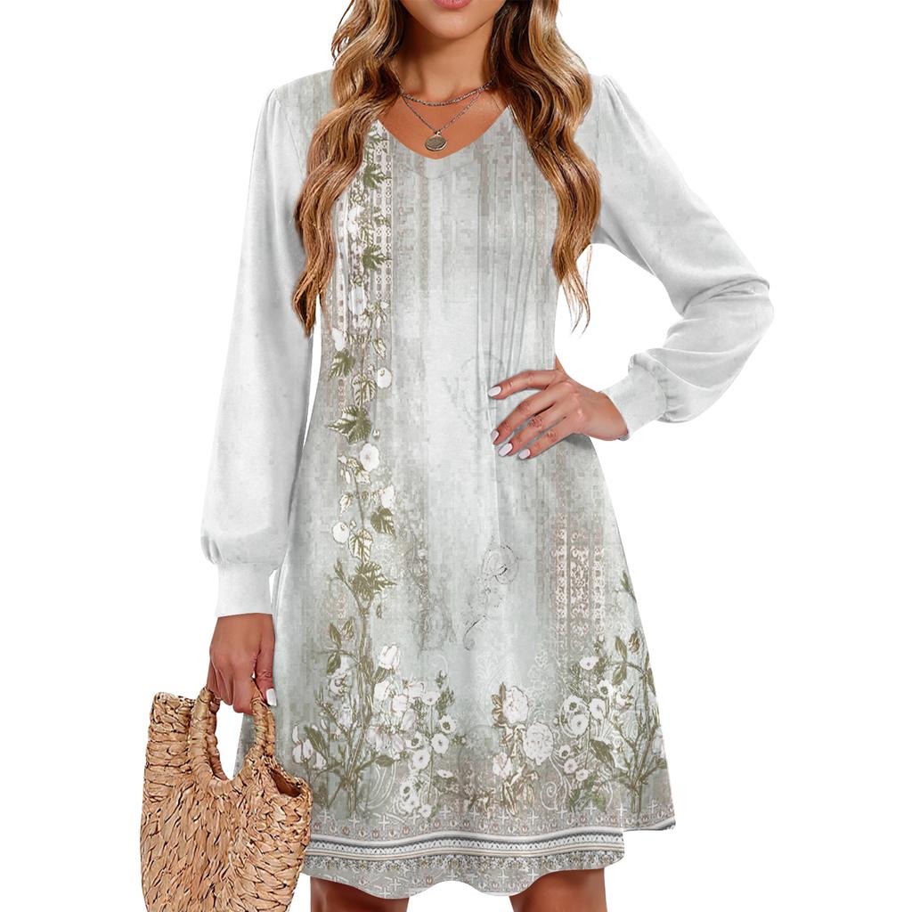 Ladies' Printed Casual And Fashionable V-neck Long Sleeved Mid Length Dress