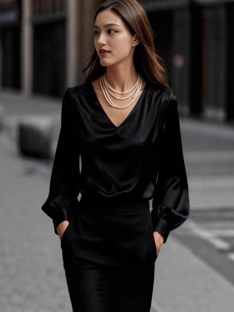 Camicia Elegante Francese con Maniche a Palloncino e Scollo a V in Raso per Donna 2025