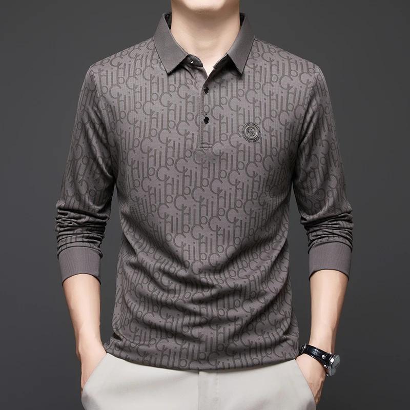 New Men'S Business Casual Long Sleeved Shirt With Badge Solid Color Polo Shirt Fashionable Breathable Comfortable Versatile Top