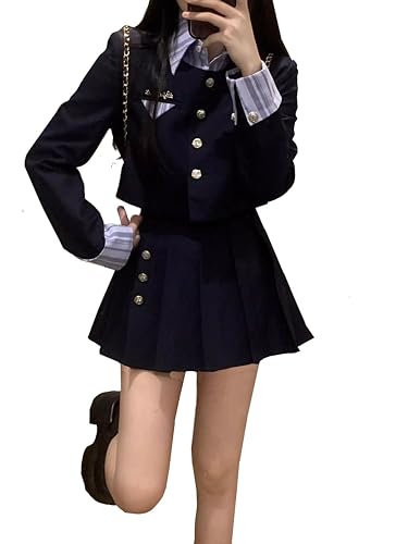 Hosaku Co., Ltd. Women's School Blazer, Sailor Suit, Lolita/Gothic Lolita Style, Two-Piece Set, Long Sleeves, Pleated Skirt (Black/Navy, Size L)