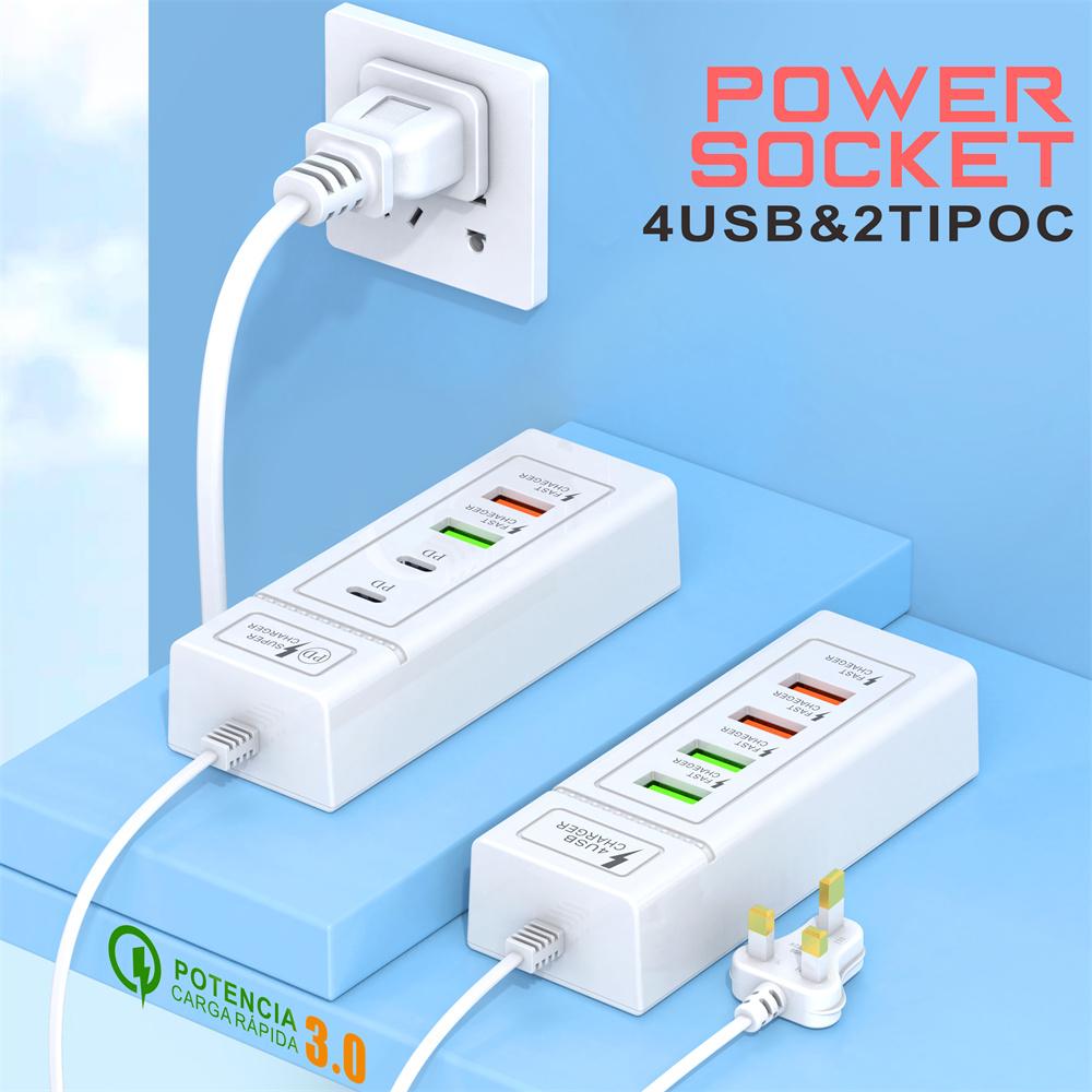 4 Ports USB C Charger Power Strip PD Type C Fast Charging Wall Charger Socket USB Quick Charge 3.0 EU/US/UK Plug Power Adapter