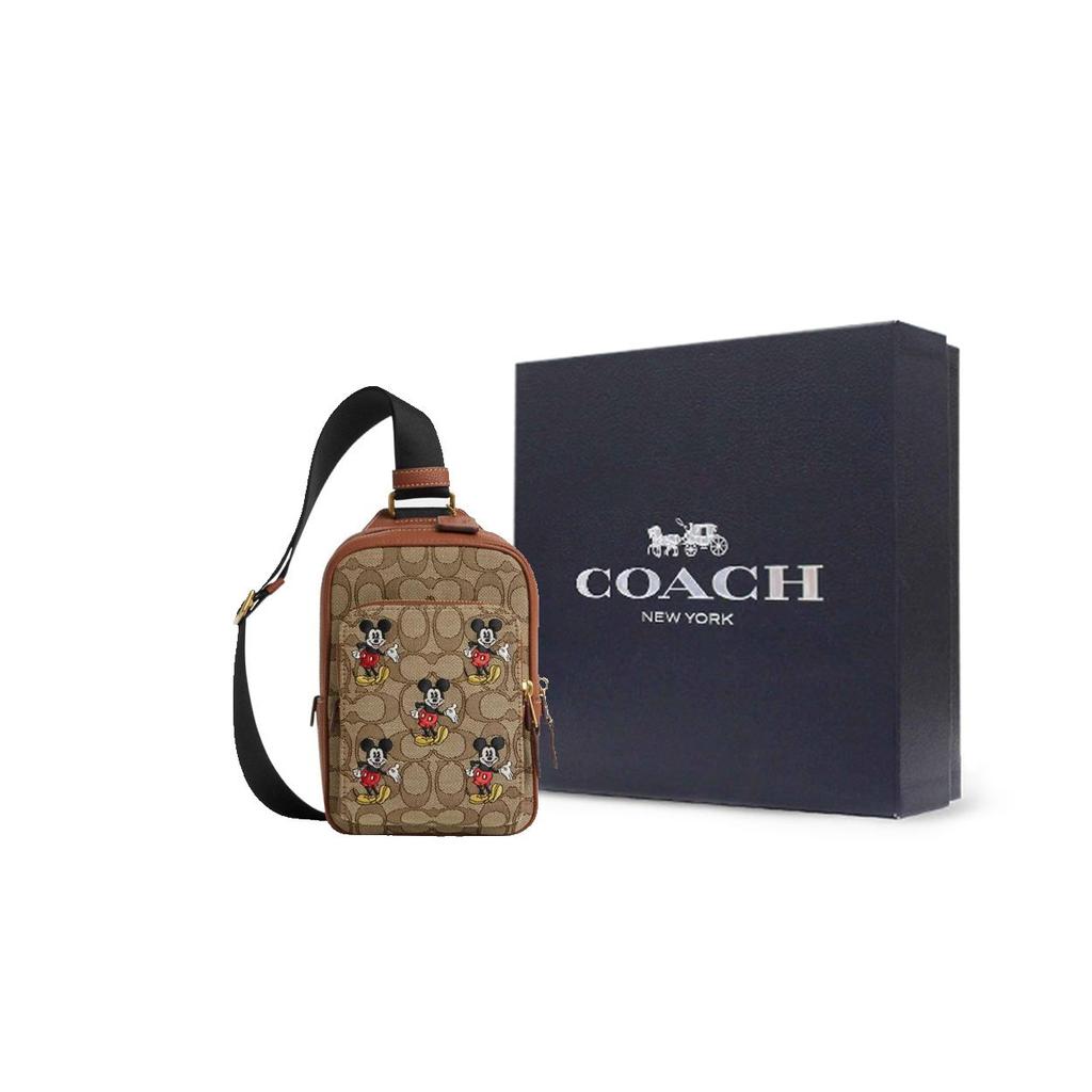 Coach X Disney Collaboration 13 Inch Mickey Embroidered Color Block Leather And Fabric Medium Shoulder Crossbody Bag Men Bags Khaki CM721-B4KM