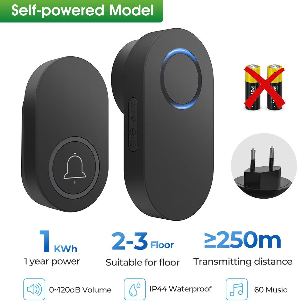 

Беспроводной самогенерирующийся дверной звонок для дома, цифровая кнопка дверного звонка постоянного тока: батарейки не требуются 1 button, 1 receiver чёрный