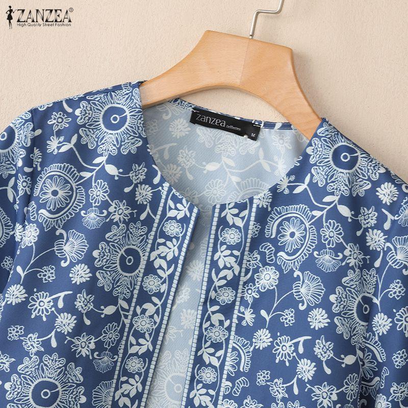 ZANZEA Women Retro Print Casual Round Neck Short Sleeve Open Front Cardigan Tops