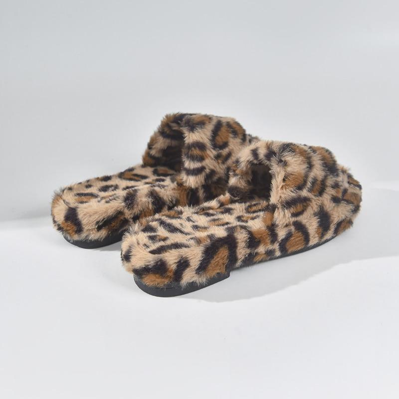 Fashion Leopard Women Slippers Fur Flats Platofrm Shoes Short Plush Open Toe Flip Flops Casual 2025 New Winter Warm Cotton Slides Mujer