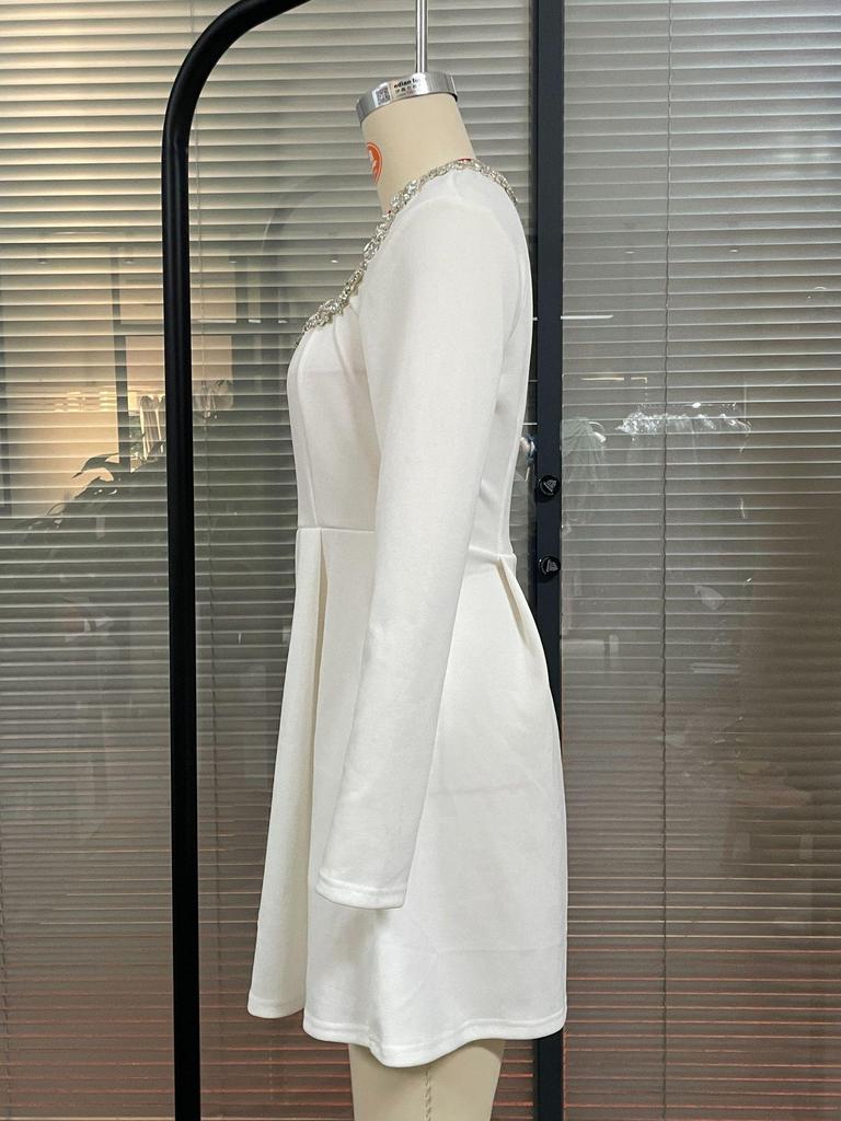 Letnia Damska Sukienka Wieczorowa A-Line z Długim Rękawem i Kwadratowym Dekoltem z Cyrkoniami