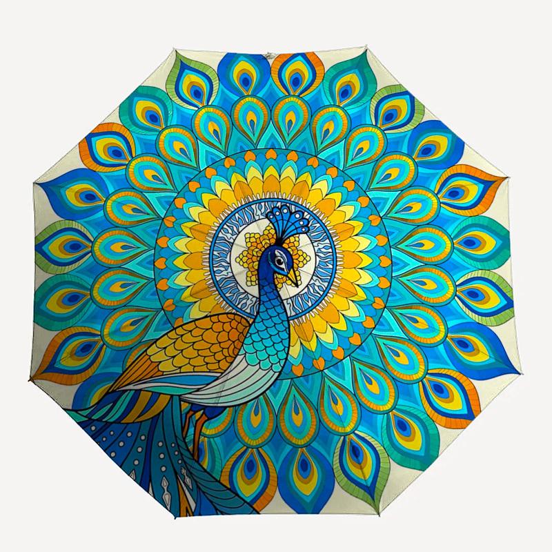 1pc Automatic Folding Umbrella with Peacock Mandala Design - Portable 3-Fold Design, 8-Bone Iron Frame Outdoor Umbrella, Perfect Festival Gift for Fan