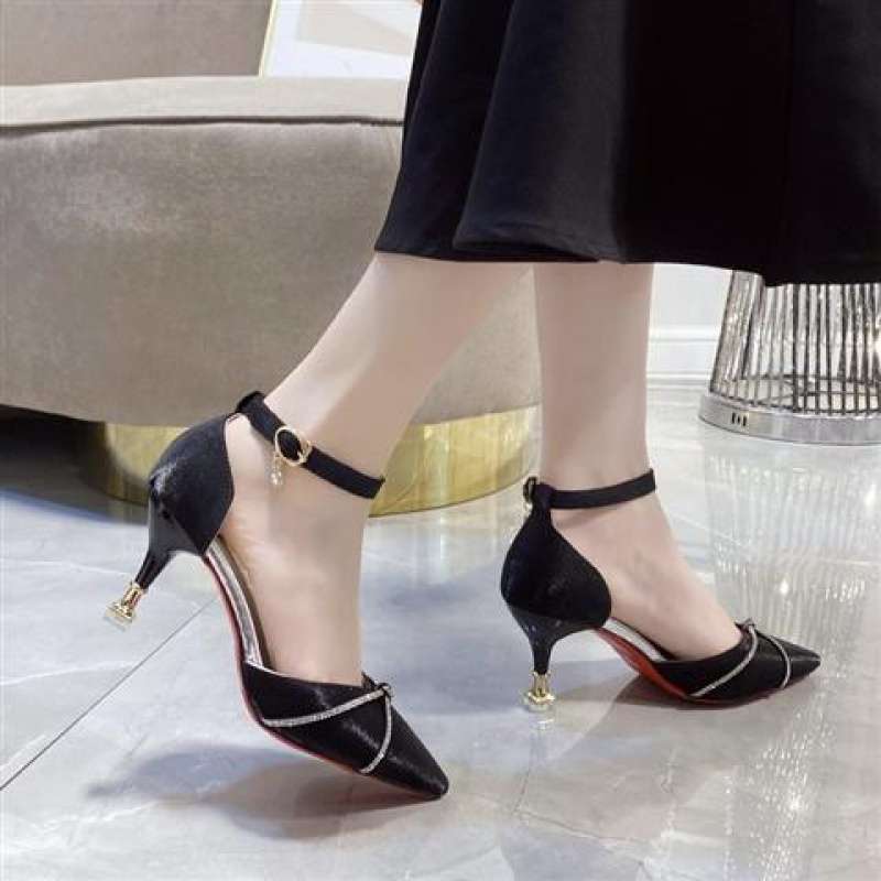 Red Satin Wedding Shoes New Korean Version French Pointed Rhinestone One-word Buckle Hollow Women's Single Shoes Stiletto High Heels