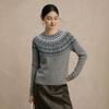 Women's Retro Fair Isle Color Block Merino Wool Sweater - Round Neck Raglan Sleeve Pullover