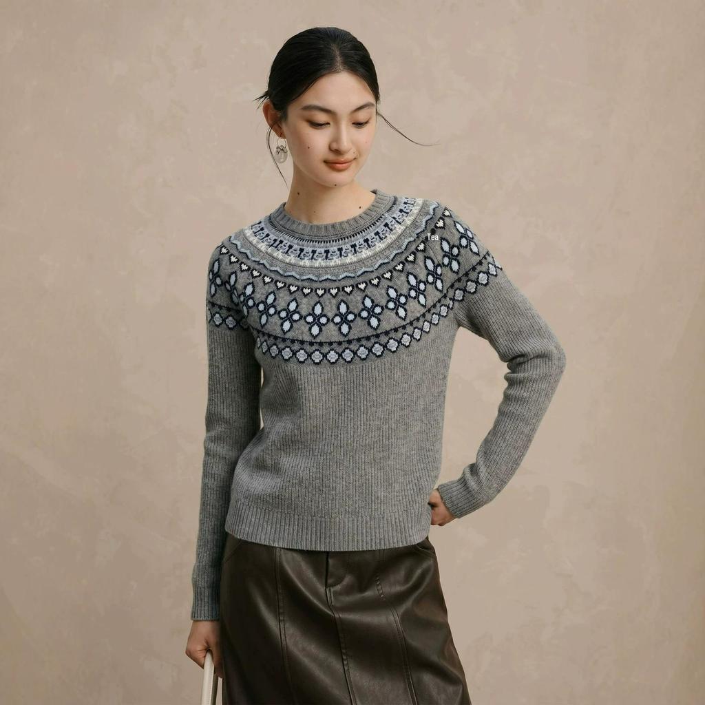 Women's Retro Fair Isle Color Block Merino Wool Sweater - Round Neck Raglan Sleeve Pullover