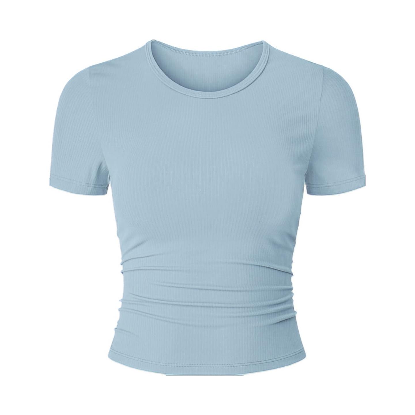 

Женский быстросохнущий полосатый топ для йоги с драпировкой - Короткий рукав, Приталенный крой Medium