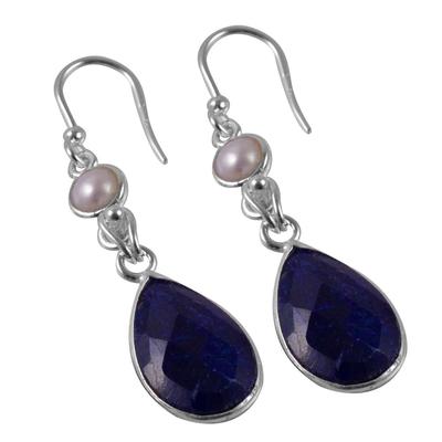 Sapphire, Pearl Gemstone Earrings Solid 925 Sterling Silver Handmade Earrings Jewelry Gift For Women And Girls E-2014