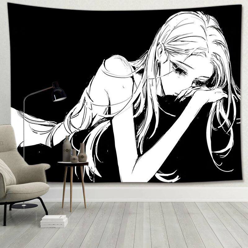 Simple Black White Beauty Tapestry Minimalist Wall Hanging for Anime Room Dorm Bedroom Headboard Decor