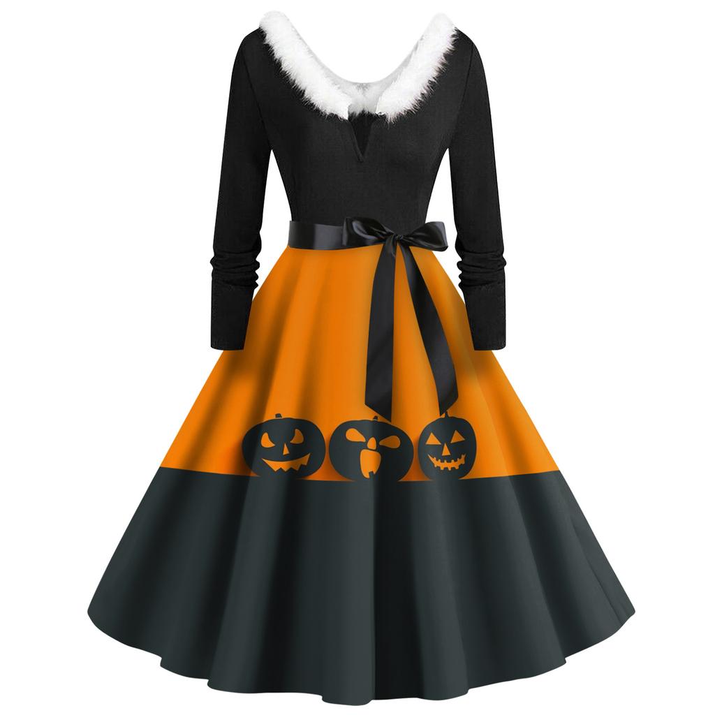 Women's Casual Fashion V-Neck Hairy Halloween Printed Long Sleeve Dresses