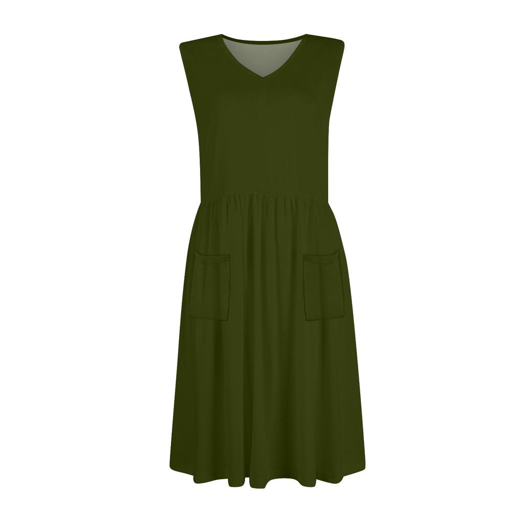 Women's Casual Fashion Sexy V-neck Button Decoration Sleeveless Solid Color Waist Dress