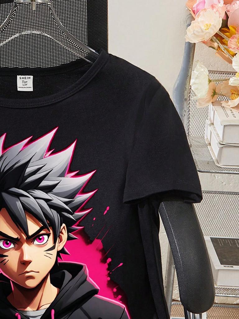 Tween Boys' Summer Anime Character Printed Round Neck T-Shirt