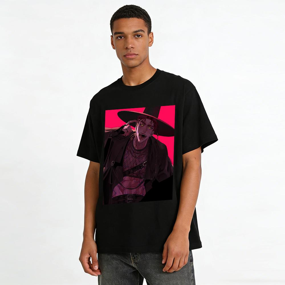 Dark Vampire Hunter Print Short Sleeve T-shirt Cool Mesh Patchwork Niche Top For Men And Women Pure Cotton T-shirt
