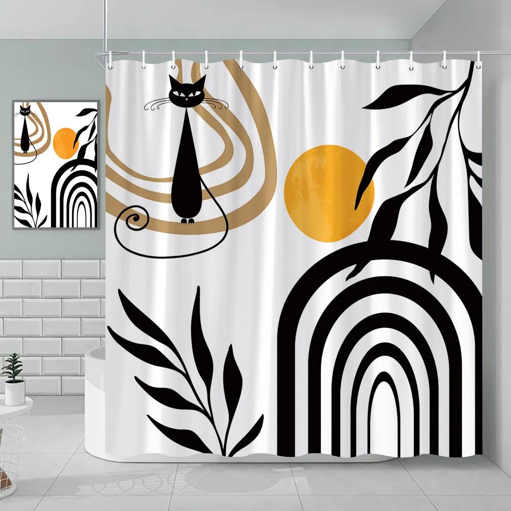 Bohemian Shower Curtain Cat Romantic Mid Century Modern Minimalist Abstract Lines Geometric Tropical Plants Bathroom Decoration