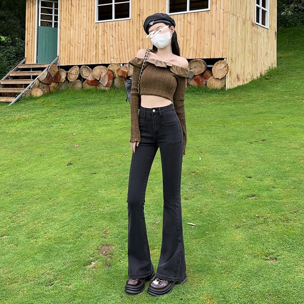 American Retro Flared Jeans Women's Spring and Autumn New Elastic Slim and Thin Design Mopping Pants