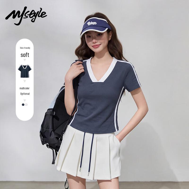 MJ STYLE Women s V-Neck Slim Fit Color Block Short Sleeve Top L