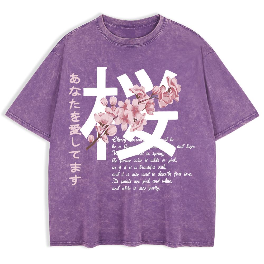 Japan Kirschblüten Aufdruck Gewaschene T-Shirts Herren Baumwolle Kurzarm Oberteile Sommer Rundhals Oversize T-Shirts Basic Kleidung