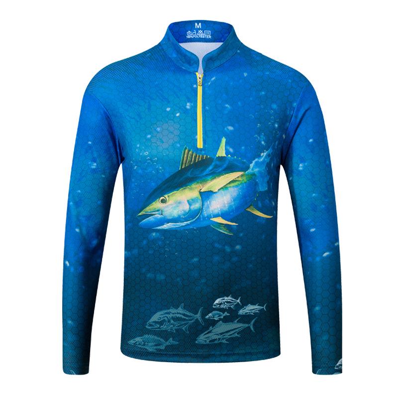 Men's Long Sleeve Mesh Fishing Shirt: Outdoor Sun Protection, Breathable, Sweat-Absorbent, Stand Collar, Printed Design.