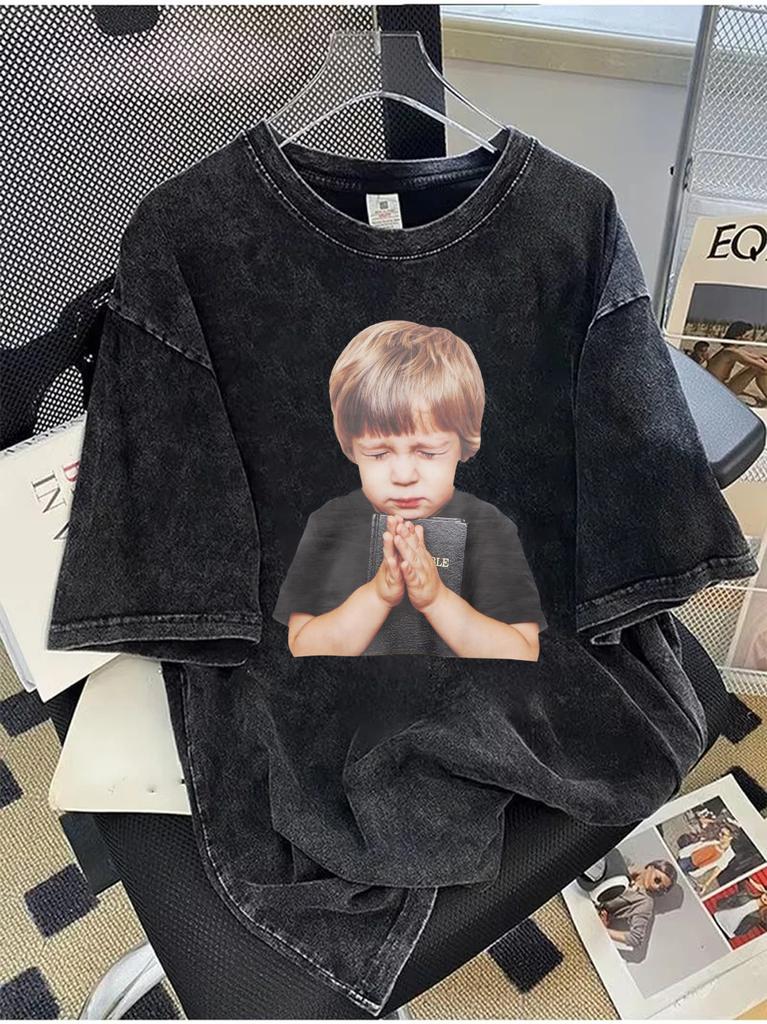 Oversized Cotton Shortsleeved TShirt Praying Child Illustration Graphic Tee Soft Vintage Feel Loose Fit Top for Men Women