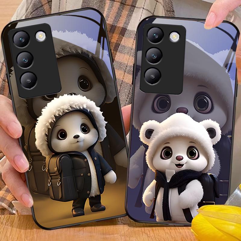 Cute Little Panda For Y72 33S 11 03 36 96 Lite 35 16 Iqoo 12 V40 SE 5G 29 40 21 30 X80 Pro Vivo Tempered Glass Phone Case Black